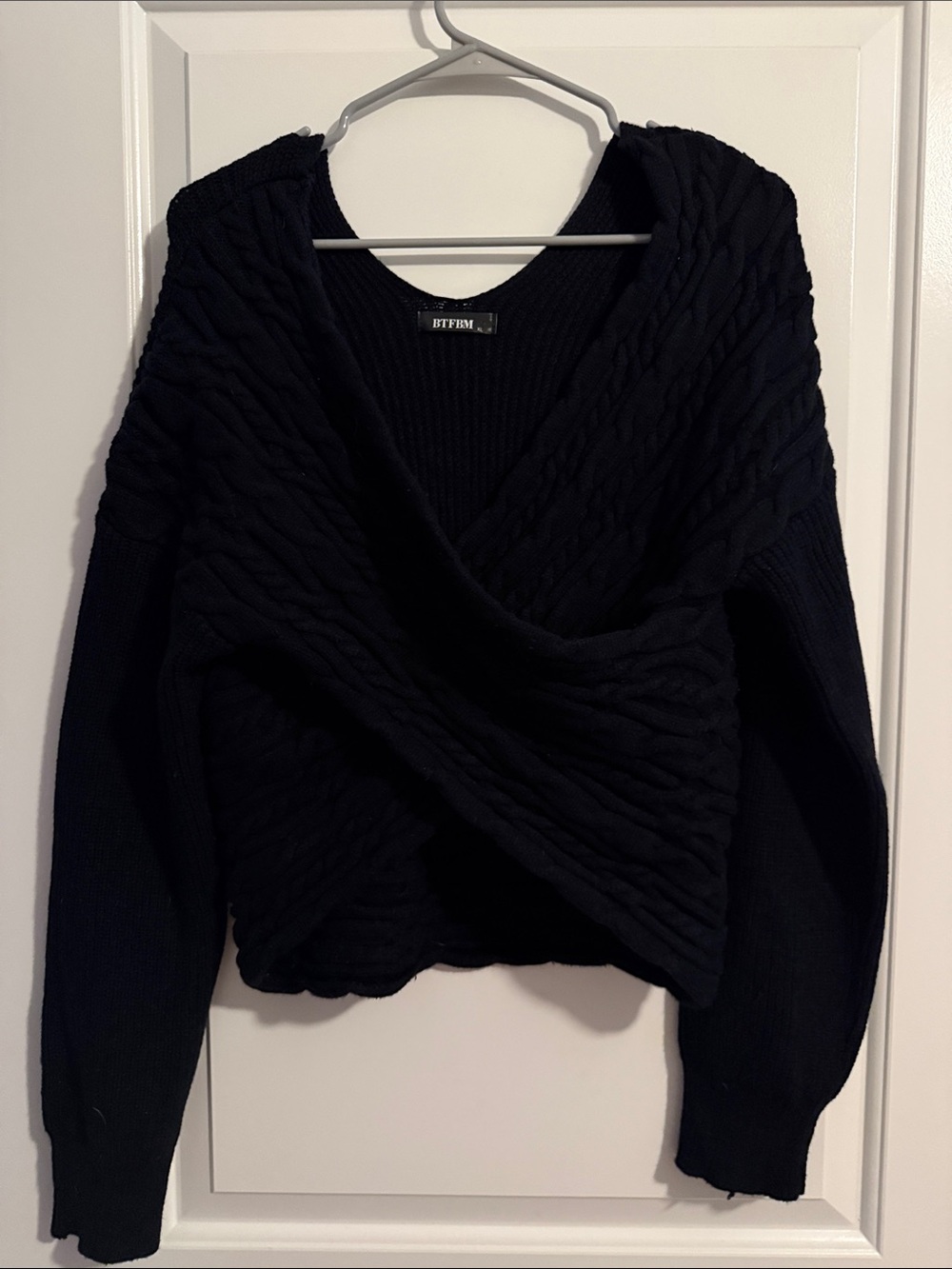 BTFM Black Cable Knit Wrap V-Neck Sweater
